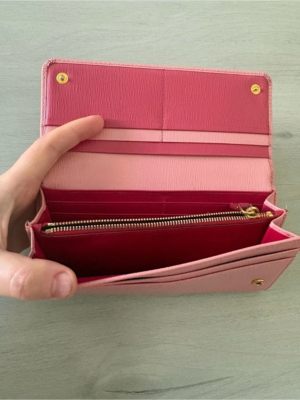 Prada Rose Pink Saffiano Leather Long Wallet with Gold Logo